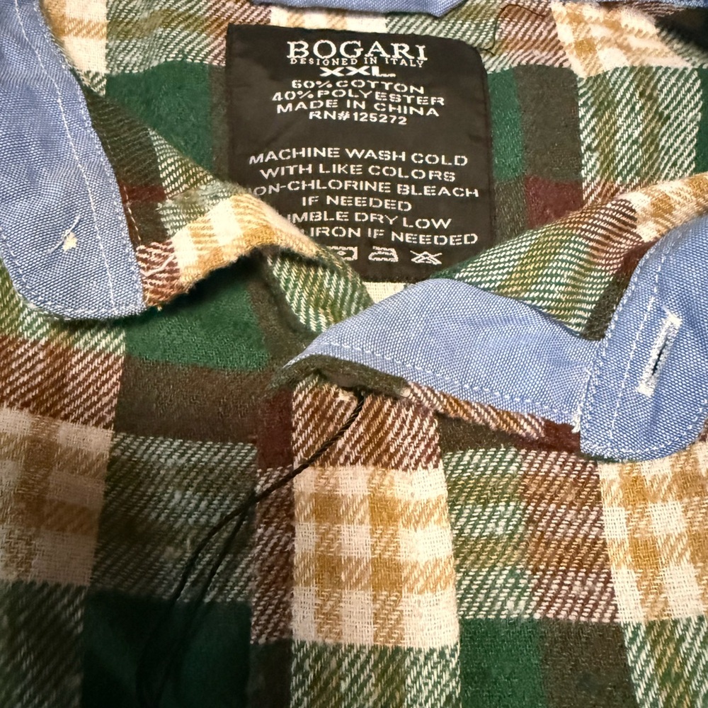BOGARI XXL Flannel Shirt Plaid Green Brown Fall Grunge Chambray Collar Cotton